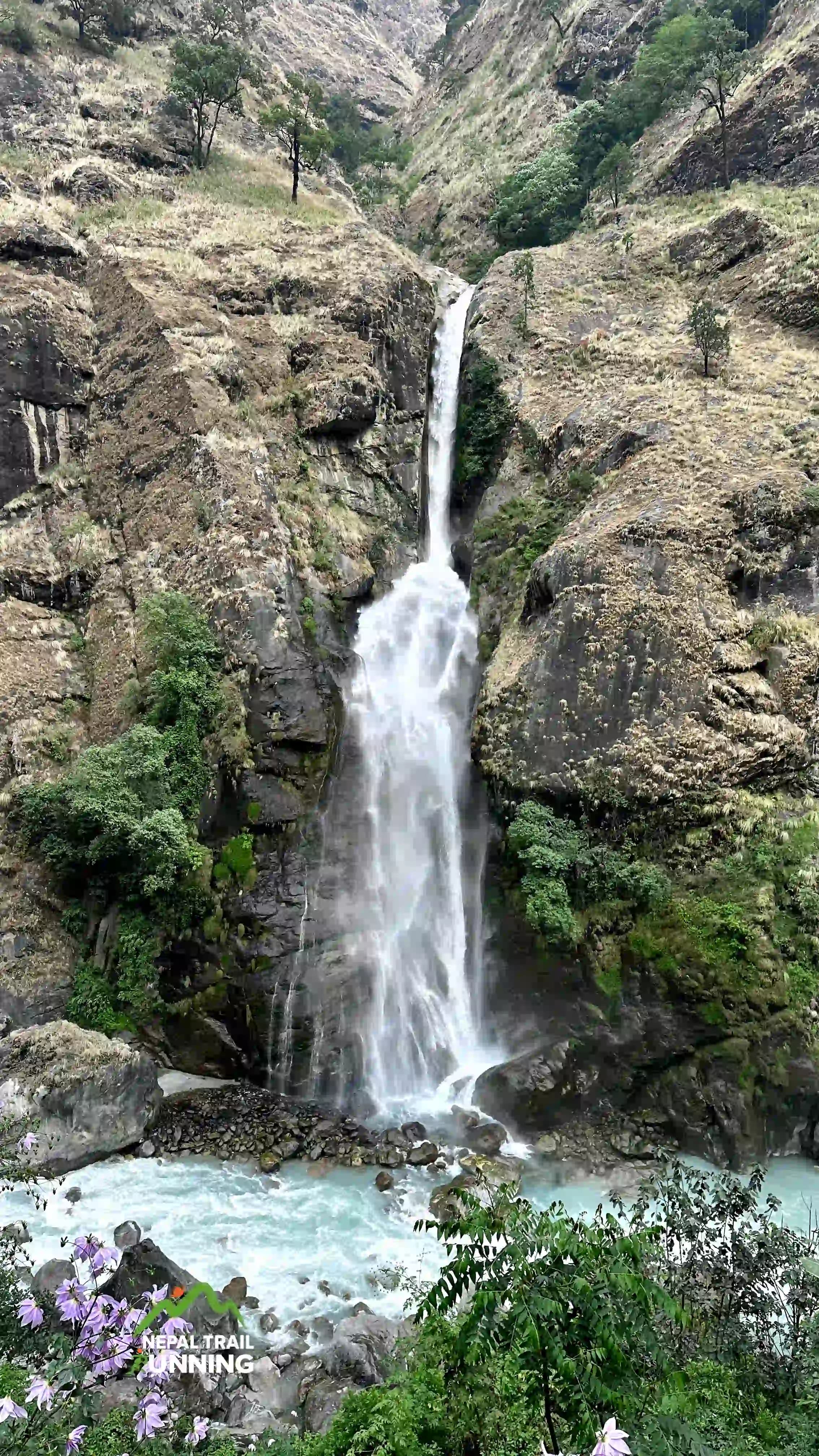 cascading waterfall during the Nar Phu trek