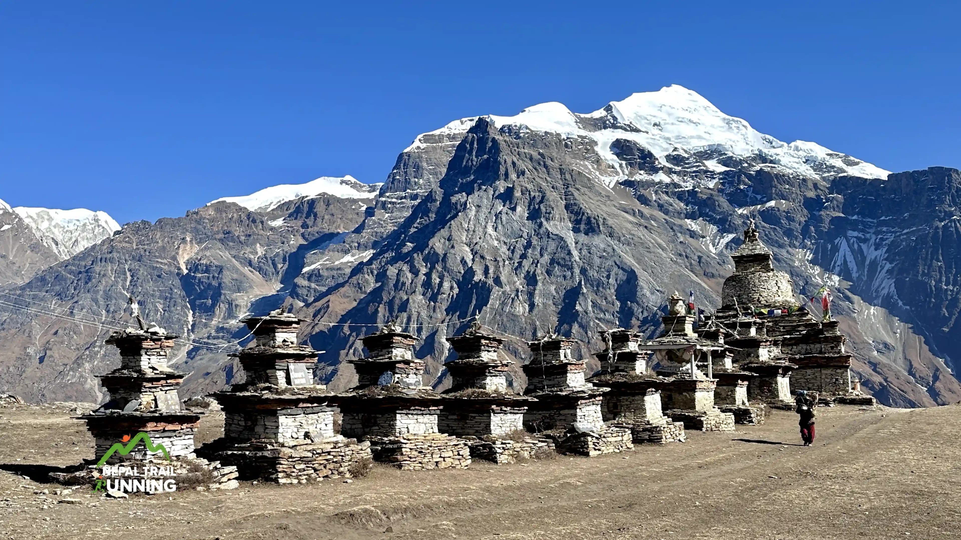 tibetan budshist heritage and rocky mountain peak in the backdrop of Nar Phu valley trek