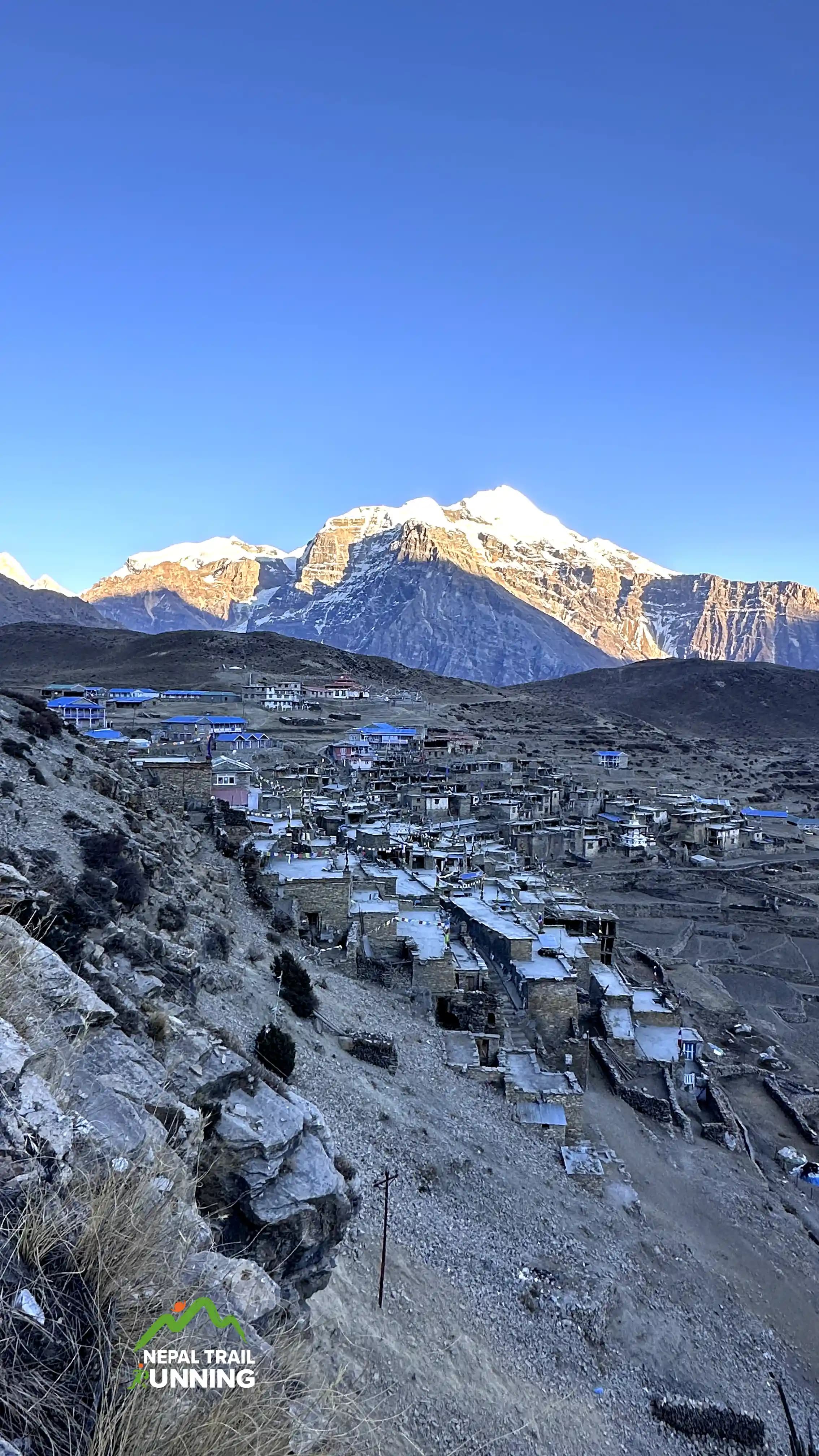 village and panoramic view of mountain