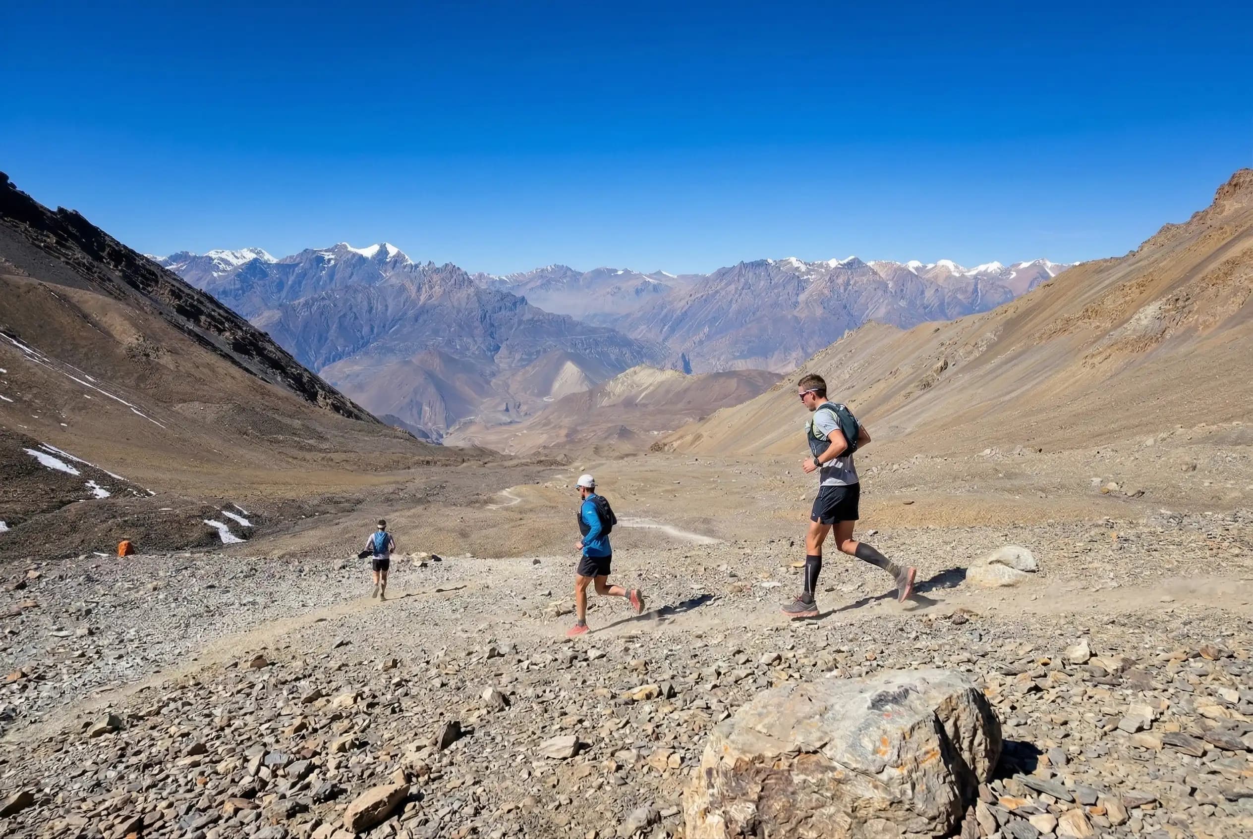Tilicho lake en route Annapurna Circuit trail running in Annapurna region of Nepal